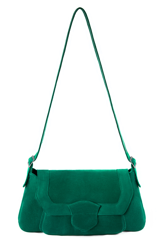 Emerald green women's dress handbag, matching pumps and belts. Top view - Florence KOOIJMAN